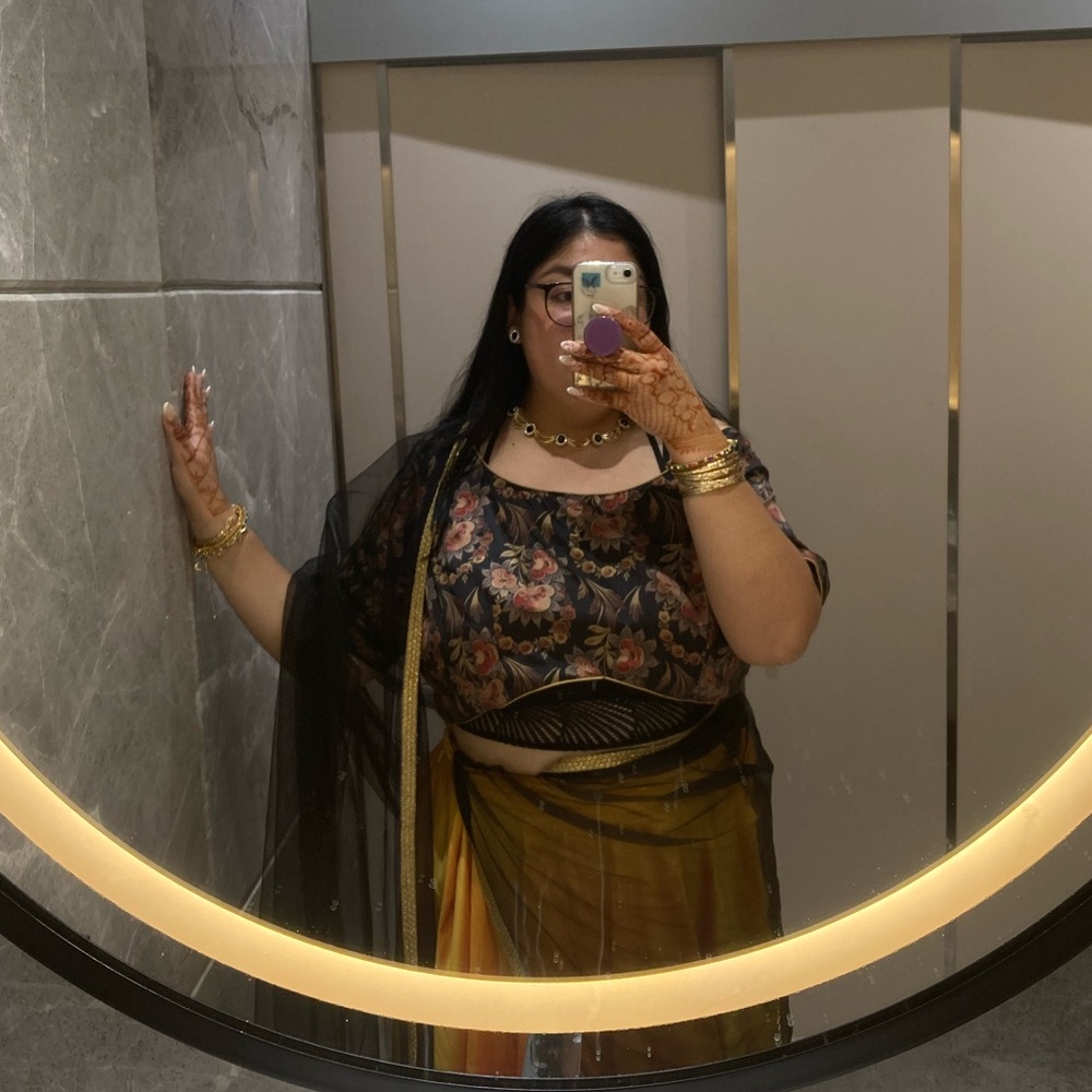 Plus Size 3x 50/52/54 Navy and Gold Floral Lehenga Choli for Indian wedding